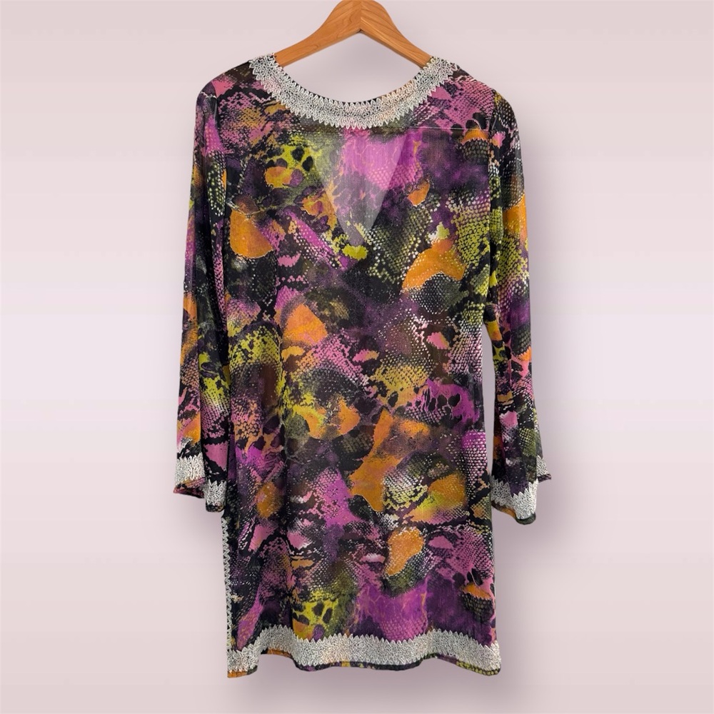 🛍️SALE🛍️Vibrant Multicolor V-Neck Boho Tunic Top Cover Up Mini Dress (100% Silk) - Picture 3 of 7